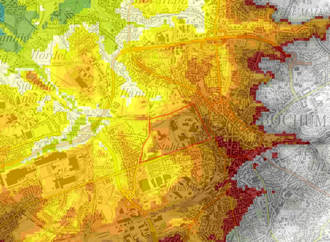 Höhenrelief des Areals aus Abb. 2. Die Höhenwerte reichen von 50m über NN (dunkelgrün) bis 125m über NN (hellgrau).